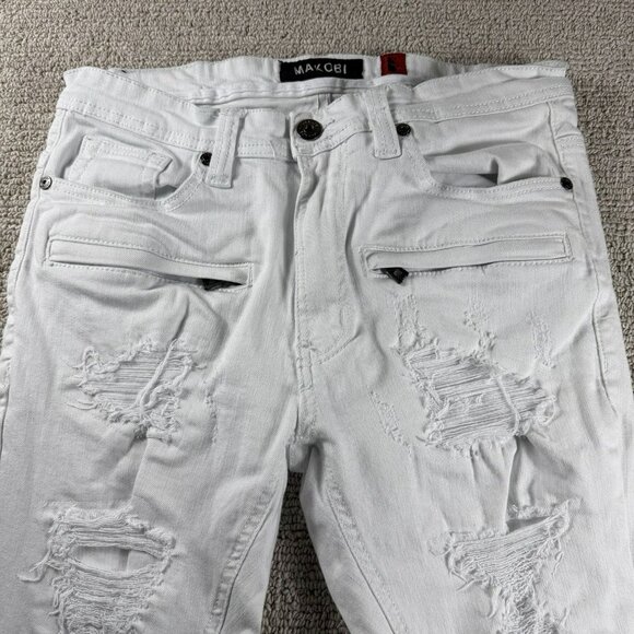 Makobi White Distressed Slim Fit Denim Jeans White Zip Men’s Size 36 x 32 - Picture 2 of 6
